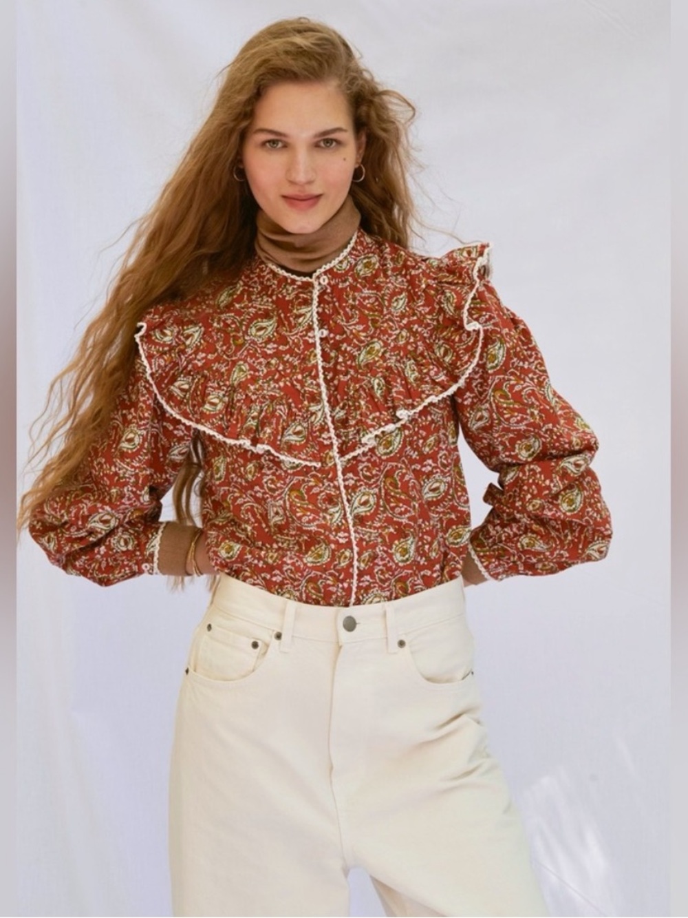 NWT SONMER | Dorothy Blouse Terracotta Red Paisley Print Ruffles | Size Large